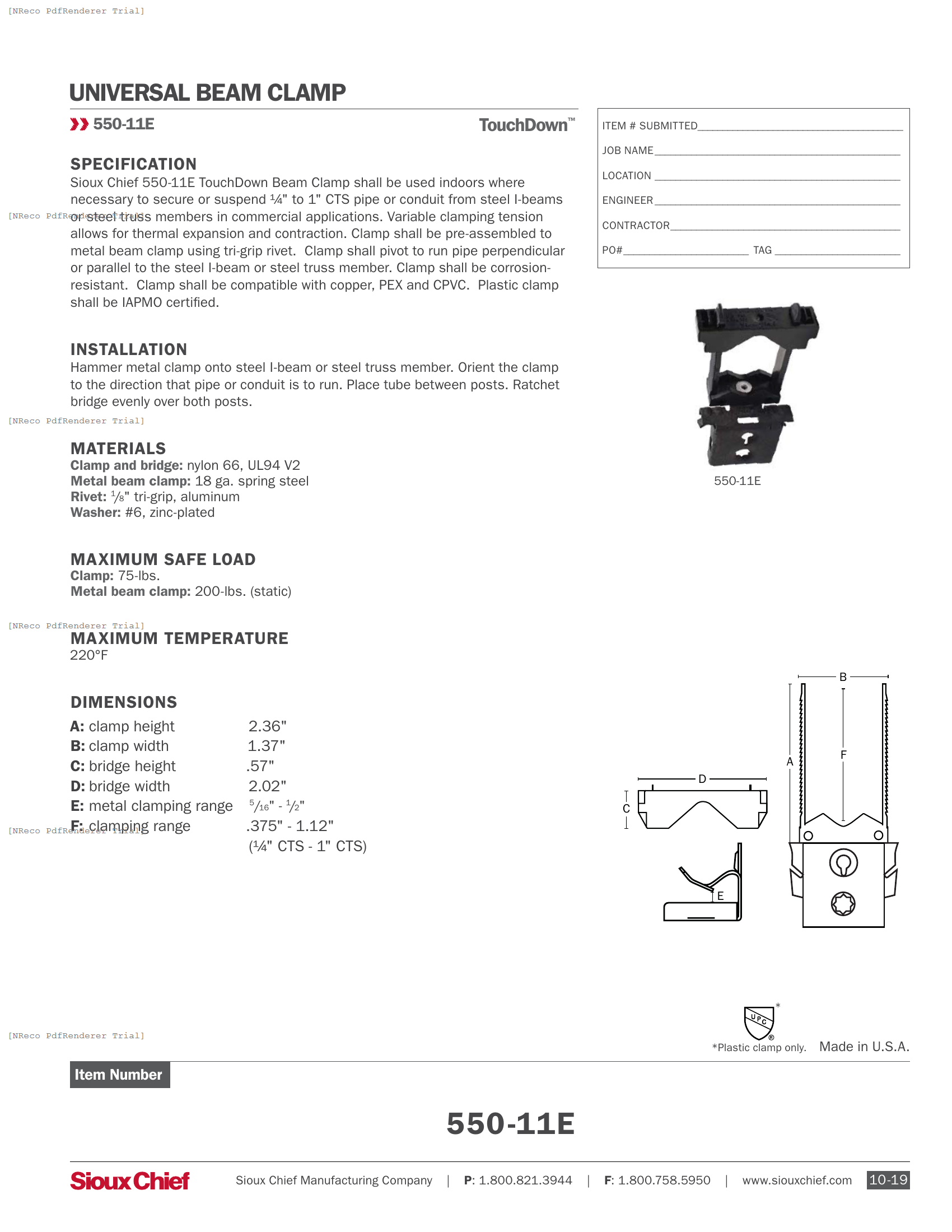 550-11E - TOUCHDOWN BEAM CLAMP - SPEC SHEET.PDF Specification Document